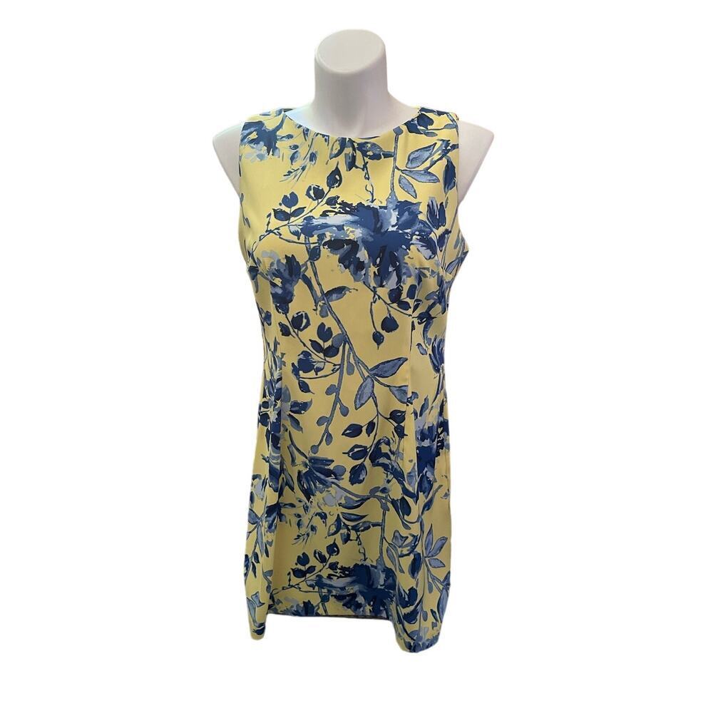 ALYX SLEEVELESS SHEATH‎ DRESS FLORAL YELLOW BLUE  SIZE 18 PLUS BACK ZIP CAREER